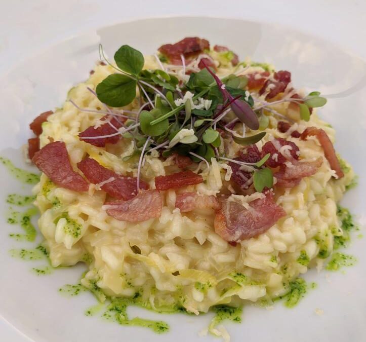 Cahill’s Smoked Cheddar with Crispy Bacon and Leek Risotto